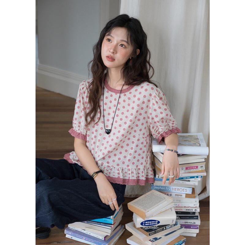 Misu Women s Pink Polka Dot Ruffle Puff Sleeve Blouse M