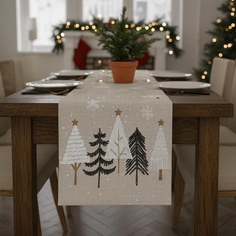 Christmas Table Runner Pine Trees Snowflakes Linen Table Runner Winter Holiday Party Kitchen Dining Table Decor Merry Christmas