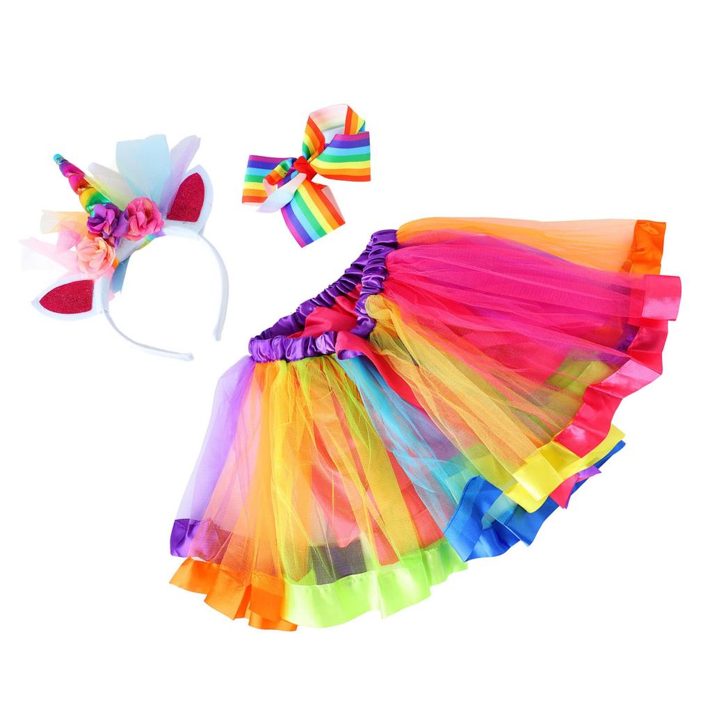 Children Colorful Skirt Cute Cartoon Costume Set Girl Ballet Skirt with Hair Clip Headband Colorful Free Size