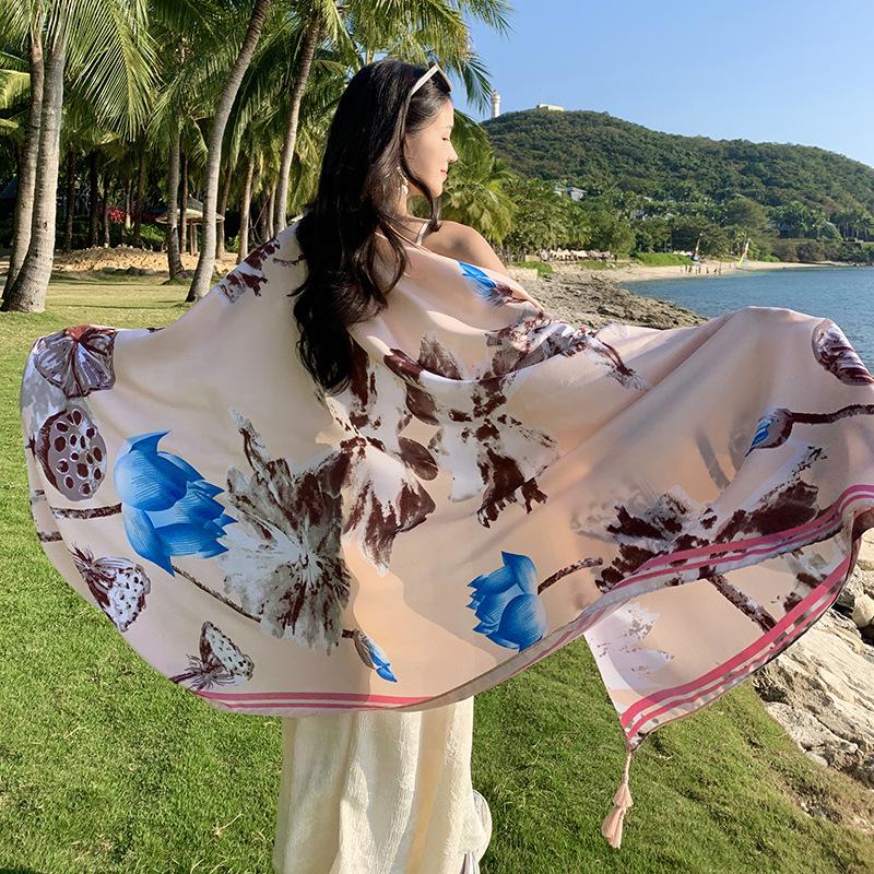 1116 Summer lotus root flower pattern beach towel with fashionable sunscreen shawl seaside travel photo silk scarf woman
