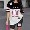 1116 new casual sports style digital printing shoulder sleeve T-shirt high waist tight shorts fashion suit women