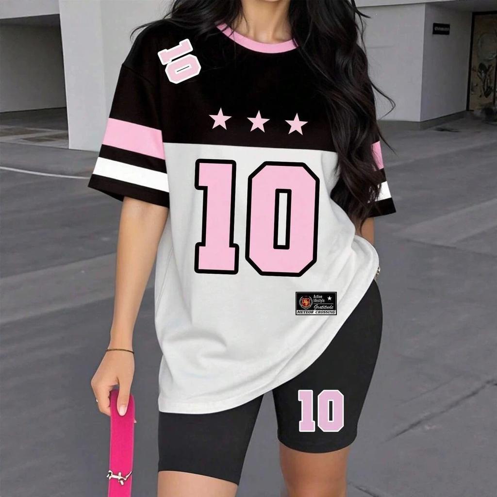 1116 new casual sports style digital printing shoulder sleeve T-shirt high waist tight shorts fashion suit women