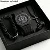Trendiges Schwarzes Mode-Quarz-Armbanduhr & Schmuck-Set für Herren: Armband, Ring, Halskette und Geschenkbox