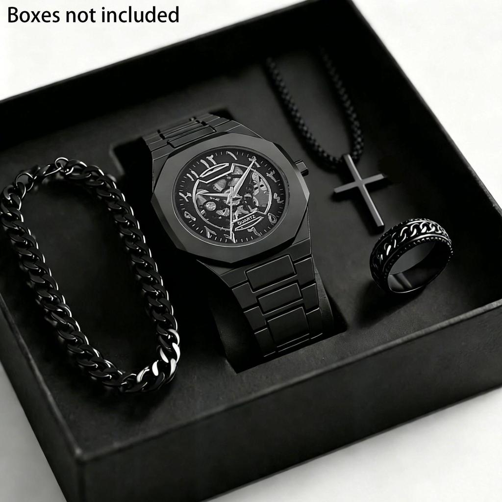 Trendiges Schwarzes Mode-Quarz-Armbanduhr & Schmuck-Set für Herren: Armband, Ring, Halskette und Geschenkbox