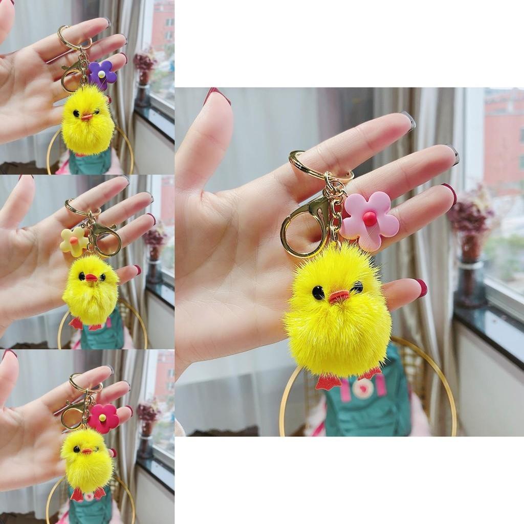 Adorable Plush Chick Keychain Accessory With Real Mink Fur Cute Cartoon Style