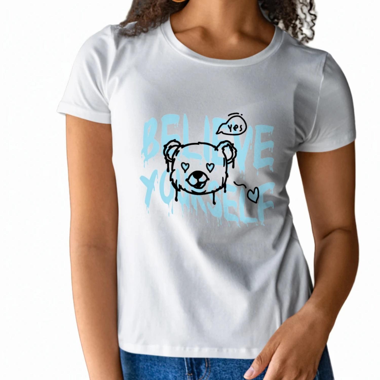 

Inspirational Womens Short Sleeve T Shirt Believe Yourself Design with Bear Graphic for a Motivational Summer Look XXXXXL білий