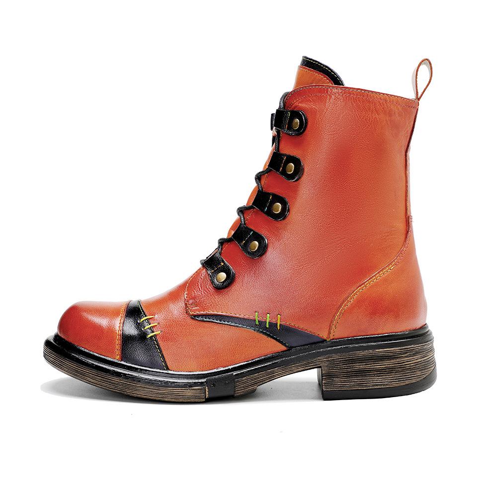 Johnature Short Boots Vintage Genuine Leather Solid Color Comfortable Handmade Women Shoes