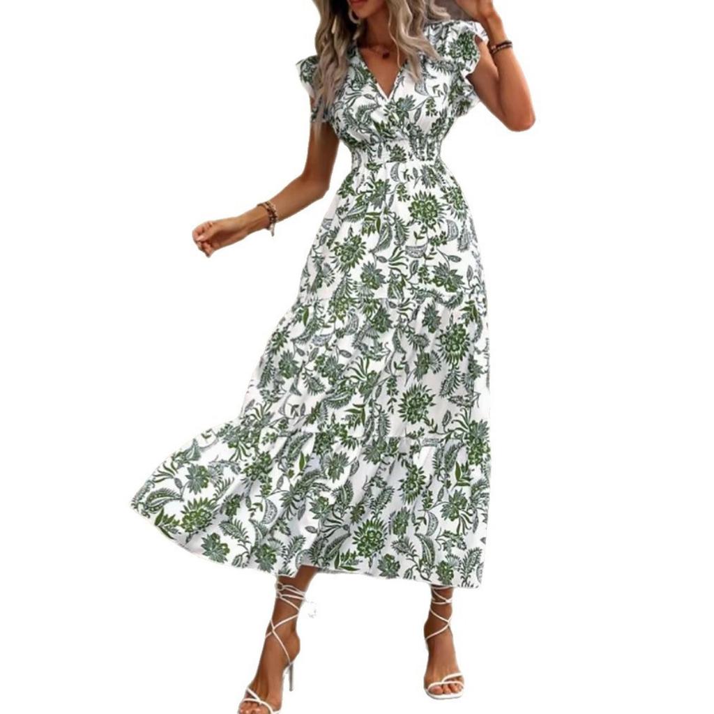 New Summer V Neck Printed Midi Dress Women's Casual Fashion Dress for Outdoor Daily Wear