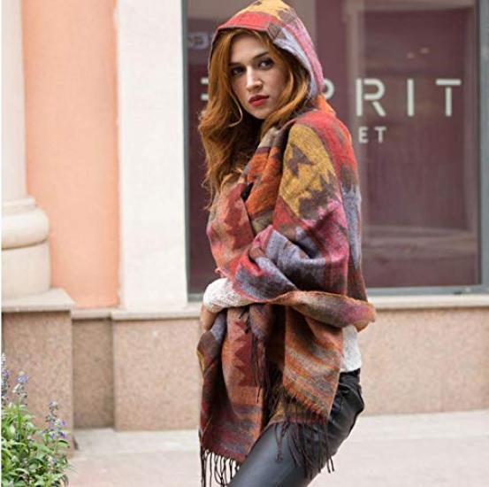 Sarah Rose Wool Poncho Ethnic Bohemian Print Soft Women's Coat/Cape/Shawl, Hoodie, Silhouette, Fall/Winter (Khaki)