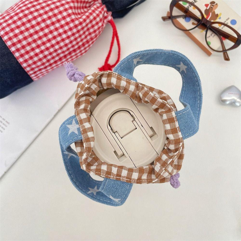Water Bottle Holder Water Bottle Cover Grid Small Storage Bag Cute Drawstring Canvas Cup Bag  Girls