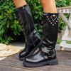 Black Leather Boots French Retro Belt Buckle Medium Tube Thick Bottom Western Cowboy Knight Boots Women's Cowboy Boots