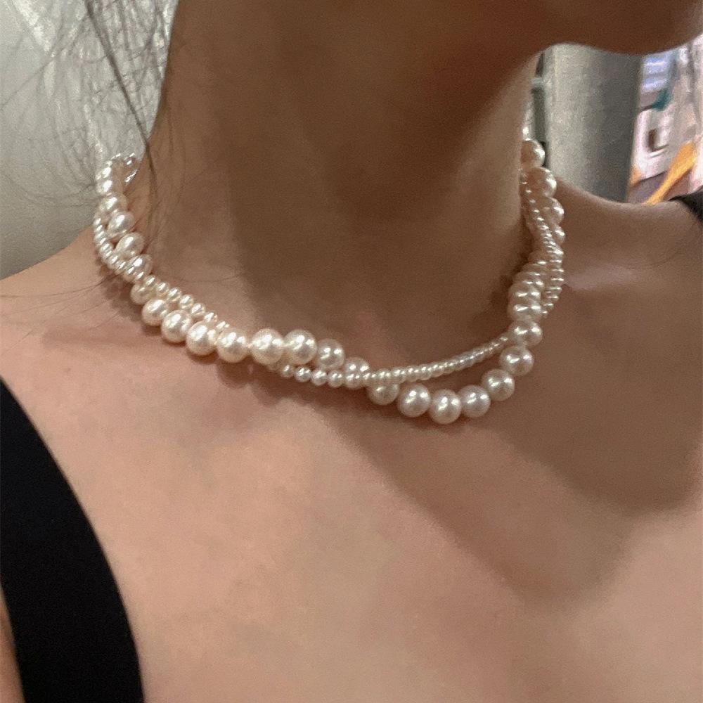 French Vintage Double Layer Pearl Necklace, Twisted Stackable Unique Clavicle Chain