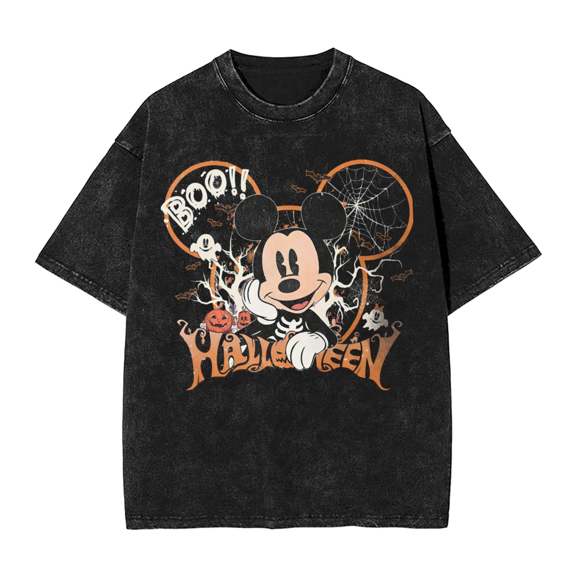 Harajuku Mickey Cartoon Halloween Merch TShirts for Unisex Women Washed Cotton Tee Shirt Clothes S
