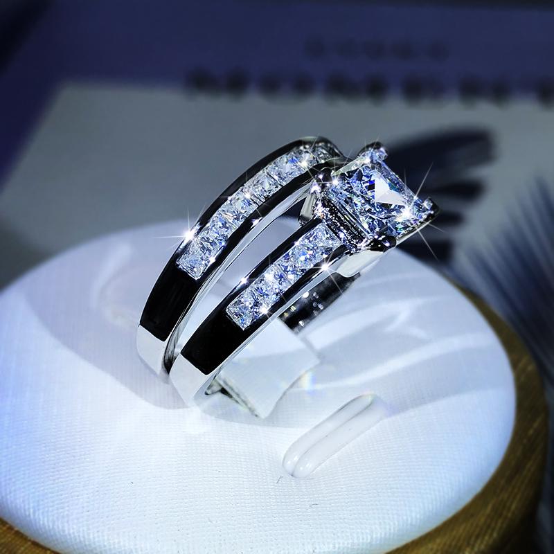 Sterling Silver Double Row Zircon Micro Inlaid Ring Style Wedding Diamond Ring Set Ring Zircon For Couple Ring