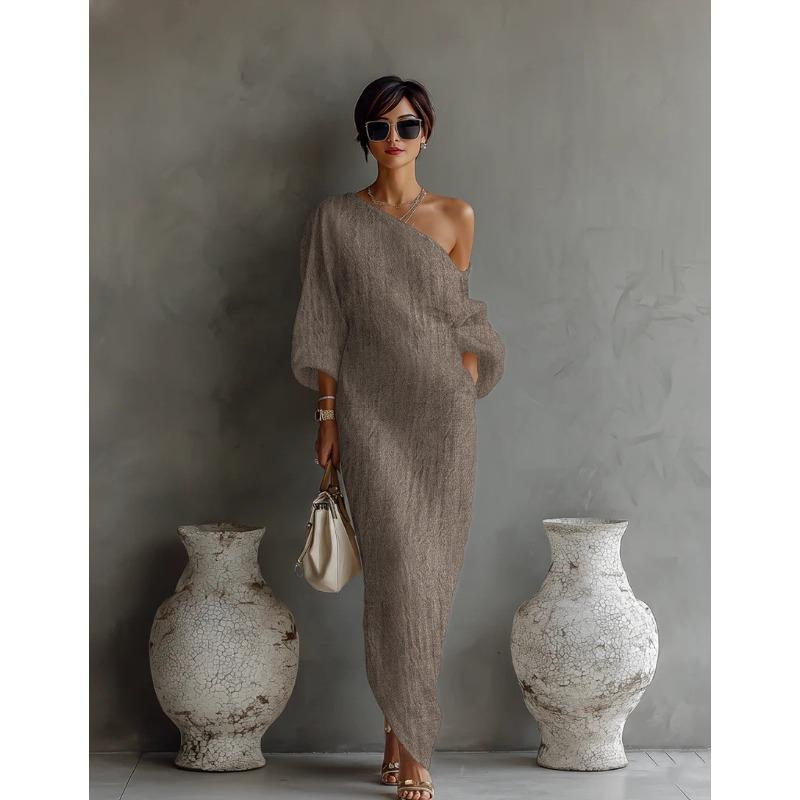 IHUASU Fashion Summer Spring Solid Color Print Long Sleeve Casual Dresses