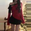 Mink Fur Pink Bow Off-Shoulder Knit Top for Women - Autumn/Winter Base Layer