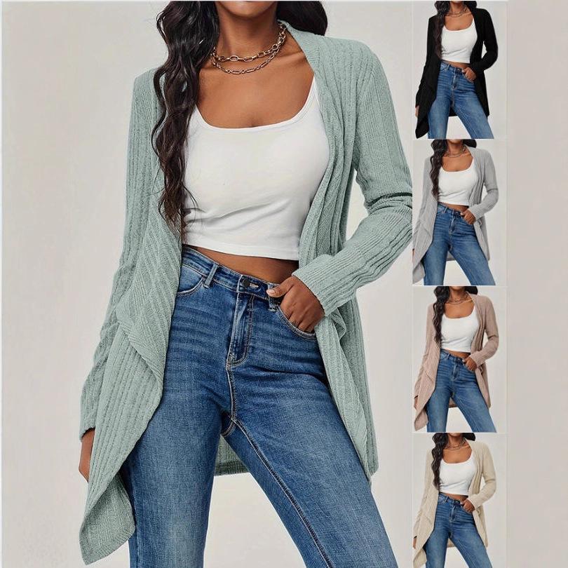 Amazon autumn and winter cross-border new European and American fashion women's solid color ribbed knitted cardigan cardigan long-sleeved sweater