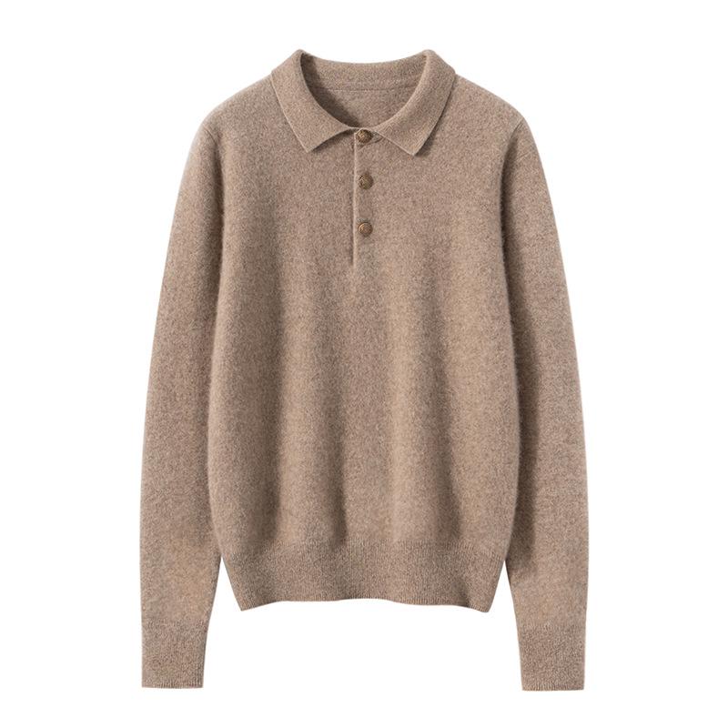 Women's 100% Pure Cashmere Three-Button Polo Collar Sweater - Classic Autumn and Winter Knit Base Layer with Lapel.
