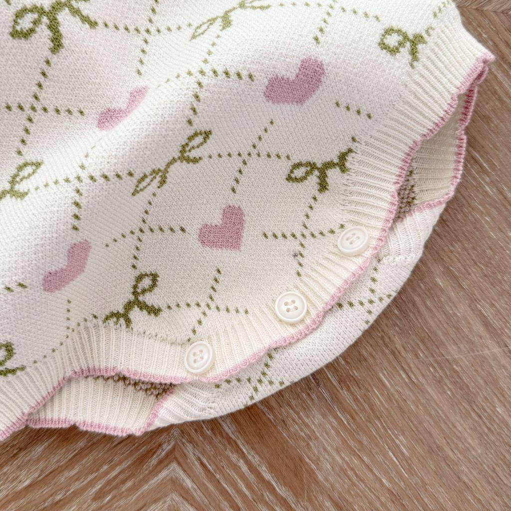 Heart & Bow Knitted Romper and Jacket Set for Baby Girls - Perfect for Spring & Autumn, Full Moon, and 100-Day Celebrations.