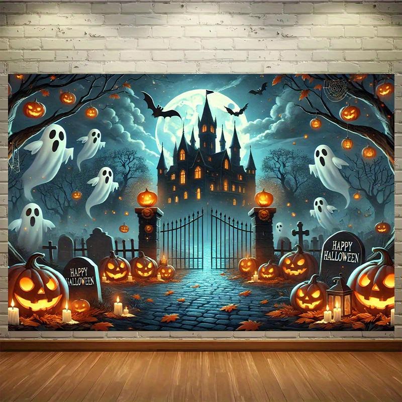 A banner depicting a Halloween haunted city and a pumpkin celebration backdrop.PMJ