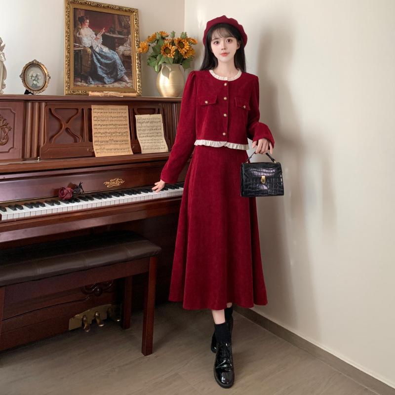 Autumn and Winter Small Fragrant Wind Suit Skirt Skinny Top Large Size Red Corduroy Bust Dress