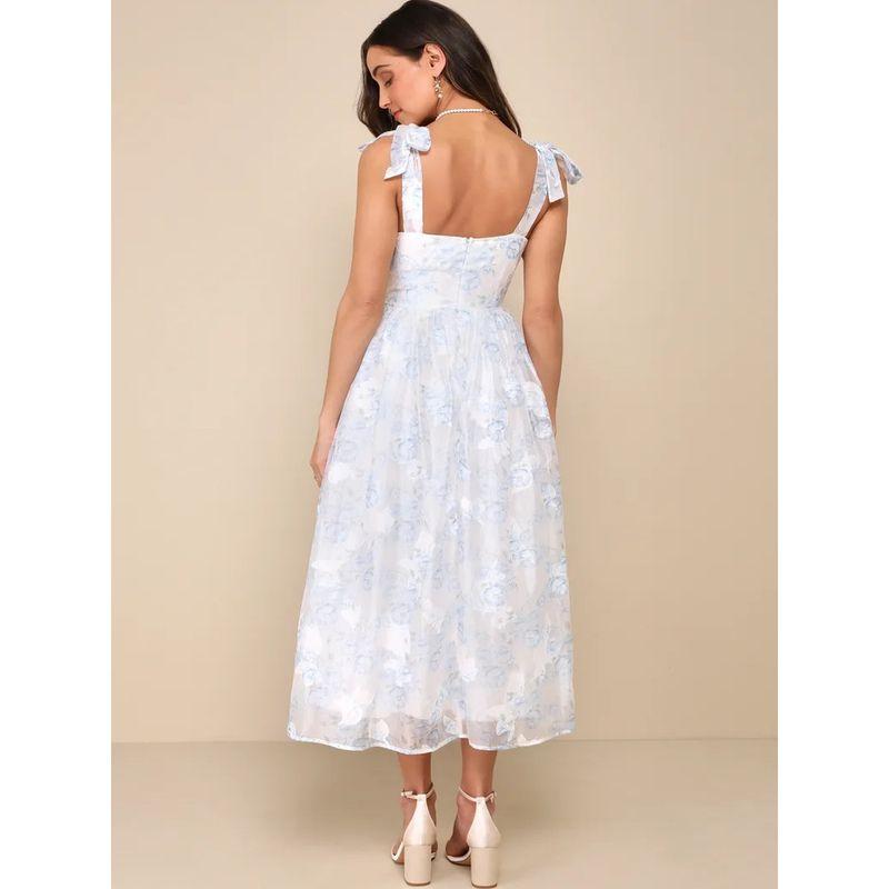 Foreign Trade Order Lu Girl Style Blue and White Tihua Mesh Bandage Bow Design Dress Vacation Long dress