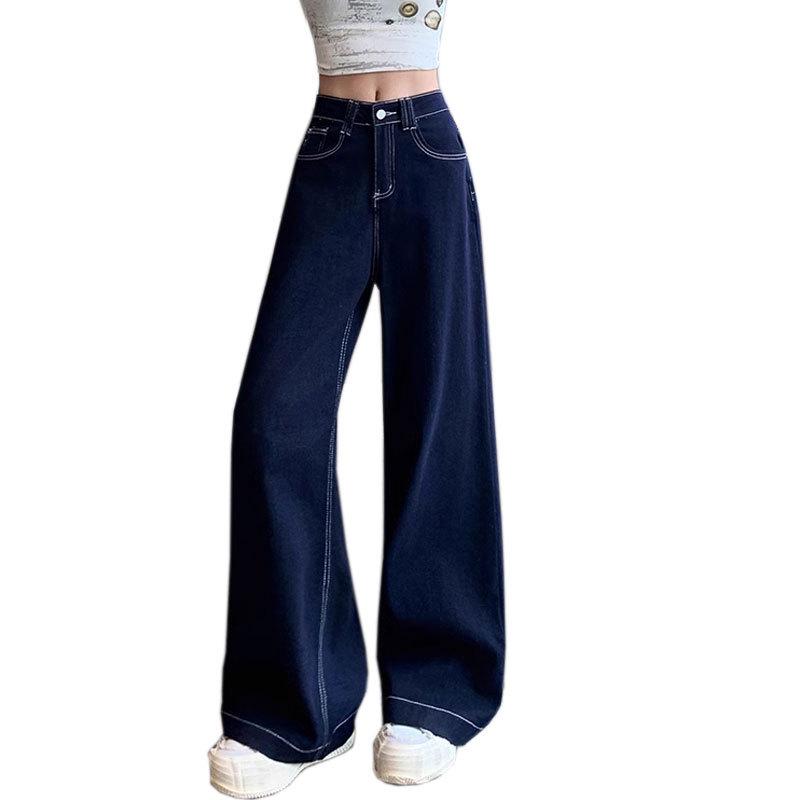Women's High-Waist Straight-Leg Jeans with Leather Patch - Blue Wide-Leg, Floor-Length Denim for Autumn and Winter.
