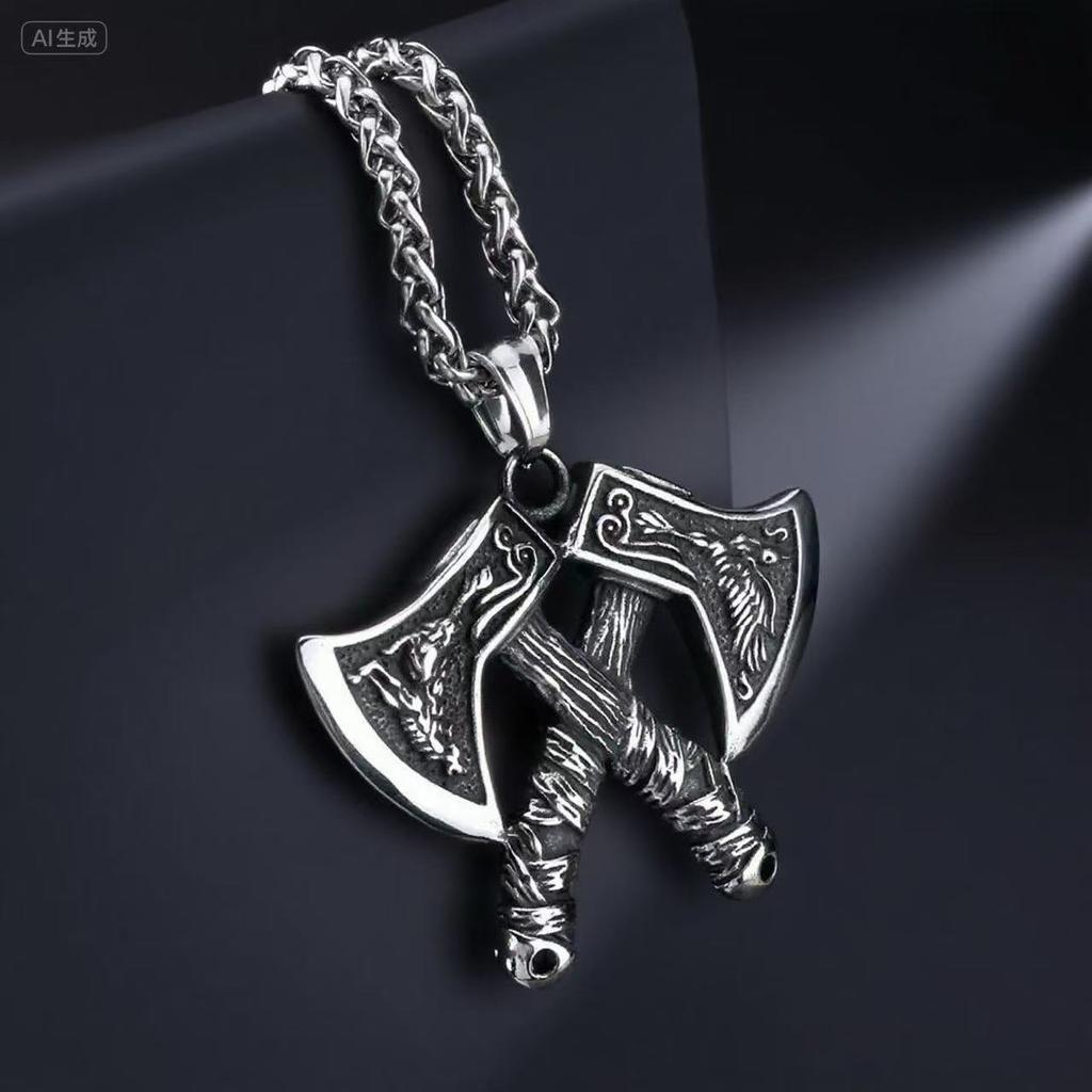 Stainless Steel Viking Axe Pendant Chain Necklace for Men Jewelry Accessory Gift Box