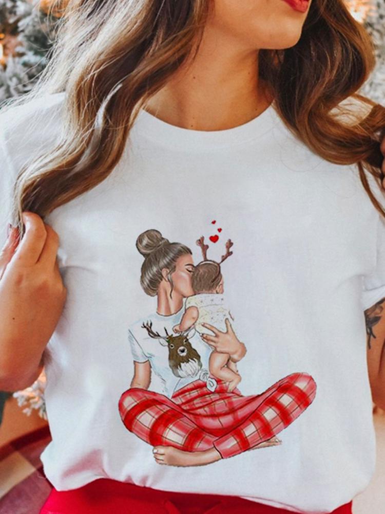 Women's Tops Christmas Short Sleeve Tees Female Summer Beach Funny Cartoon Santa Reindeer Printed T-Shirt Regular Graphic Female