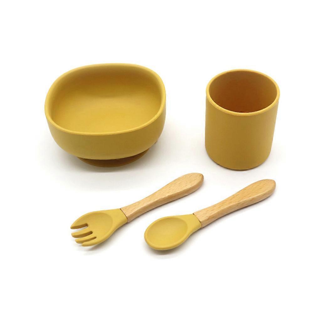 4 Pcs Baby Silicone Suction Bowl Spoon Fork Cup Learning Training Feeding Set Utensil Dishes Tableware for Newborn Toddlers Infants Dinnerware Yellow