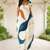 Women Plus Size Round Neck Short Sleeve Abstract Printed Loose Maxi Dress With Side Pockets