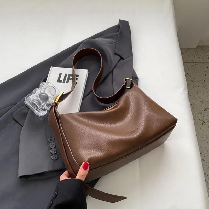 Retro Soft Leather Tote Bag for Women New Simple Versatile Large Capacity Single Shoulder Crossbody Bags Commute Handbags