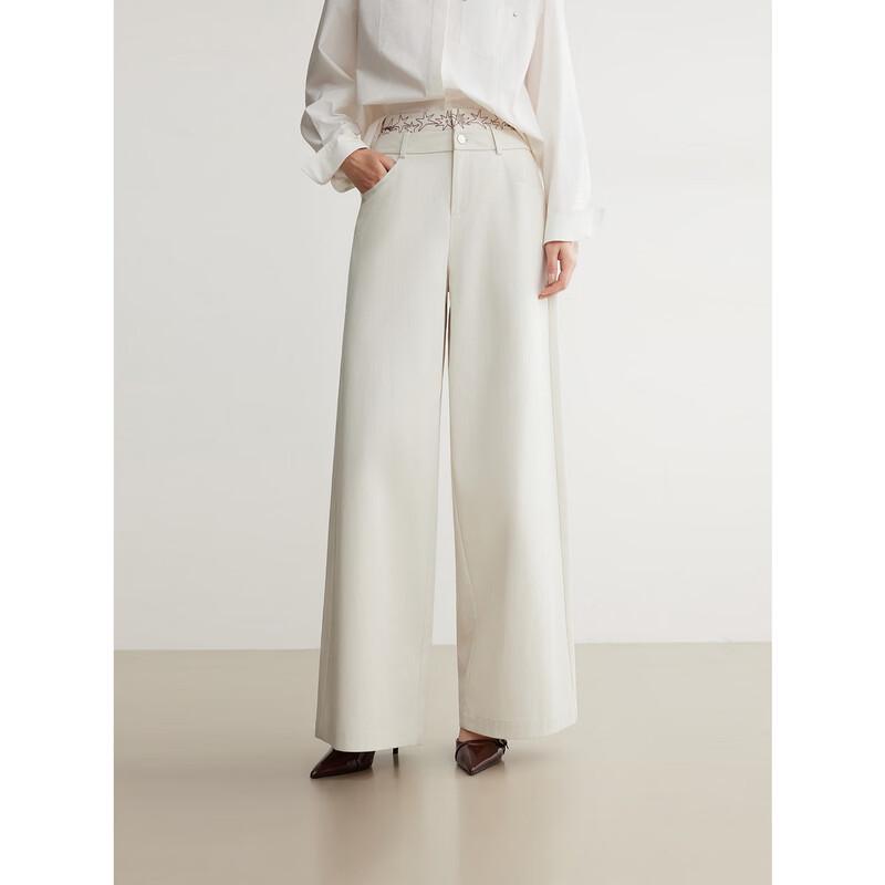 ELLE Women s Off-White Embroidered Wide-Leg Casual Pants L