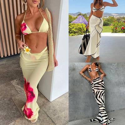 Traje de baño para mujer Estampado Cuello Halter Lateral Blusa Larga Bikini Traje de Tres Piezas Ropa de Playa Bañadores