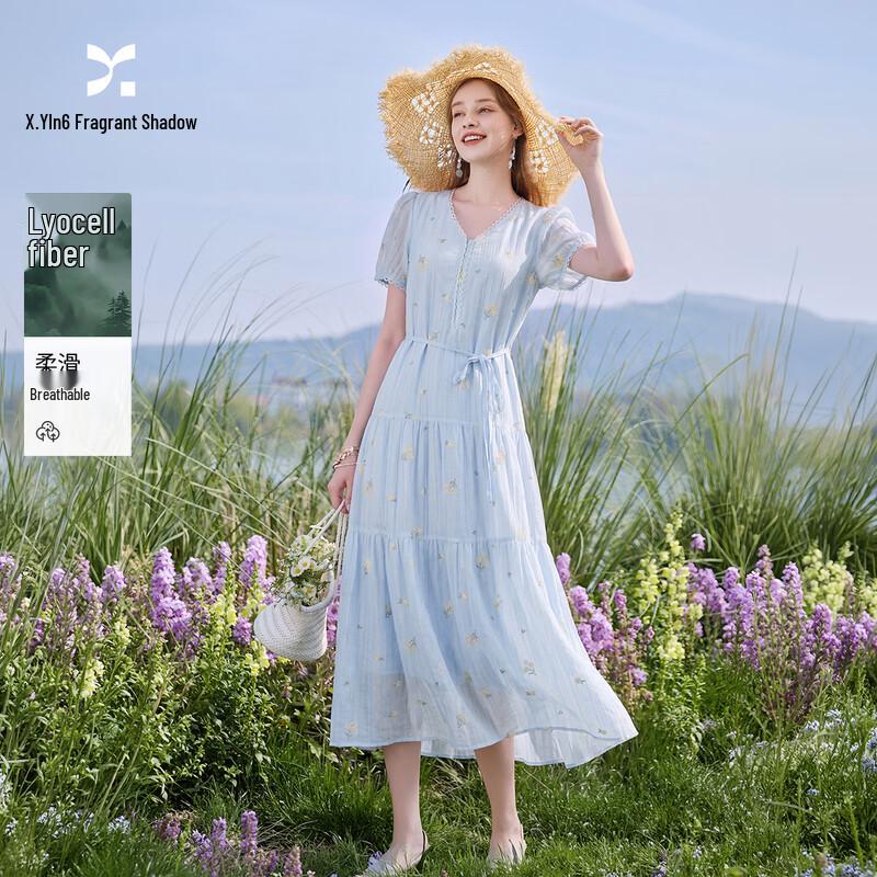 Women s French Floral Embroidered Puff Sleeve A-line Dress S