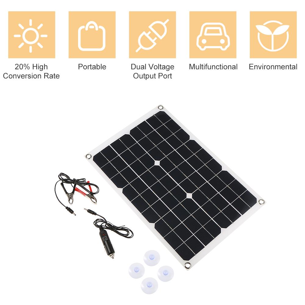 50-W-Solarpanel mit zwei Ausgängen, 2 USB-Anschlüssen und Autoladung, IP65-Laderegler