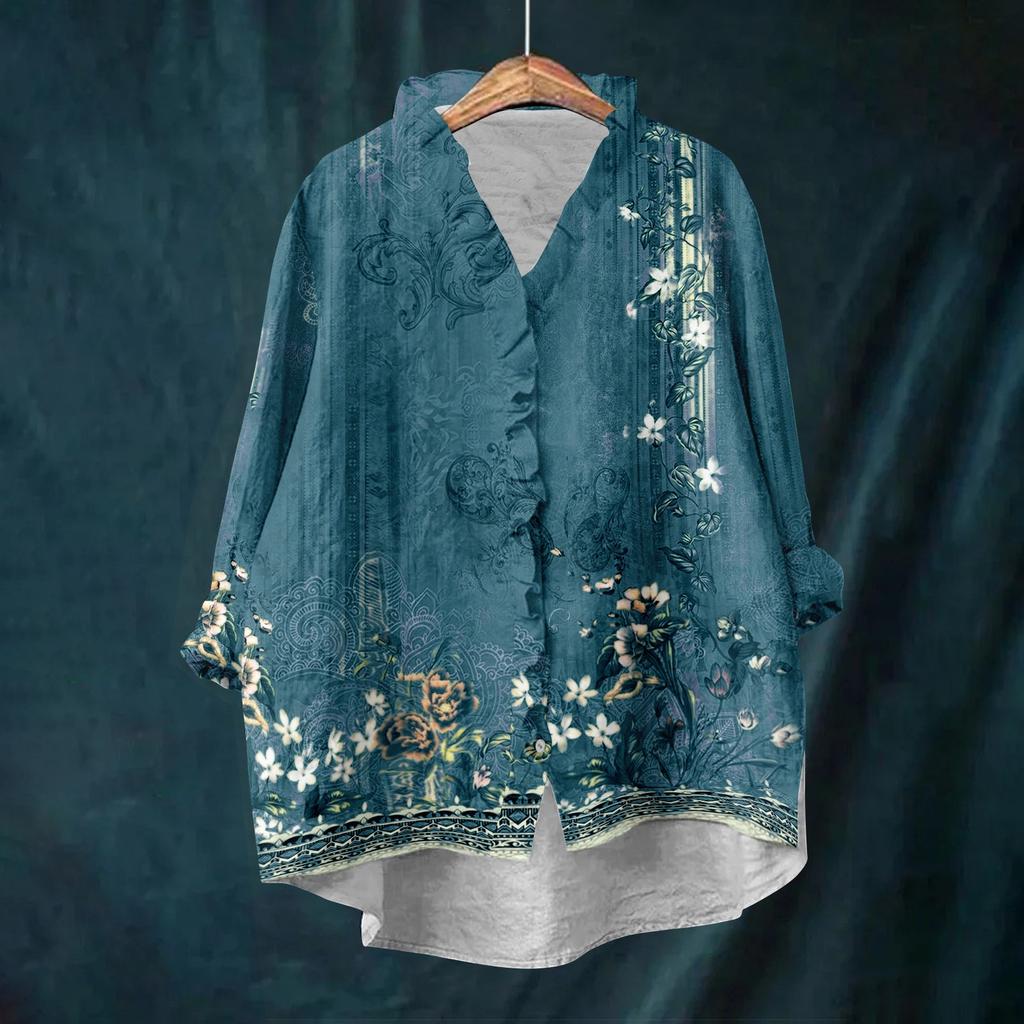 Dame Løs Volangert Blomstert Trykk Ståkrage Langermet Bomull og Lin Topp