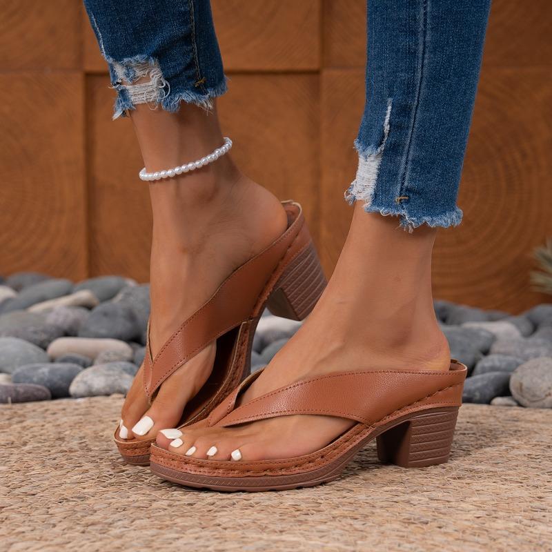 Fashion Summer Women Sandals Solid Color Mid Heel High Heels Shoes Women Lightweight Open Toe Flip Flops Sandals Sandalias De Mujer