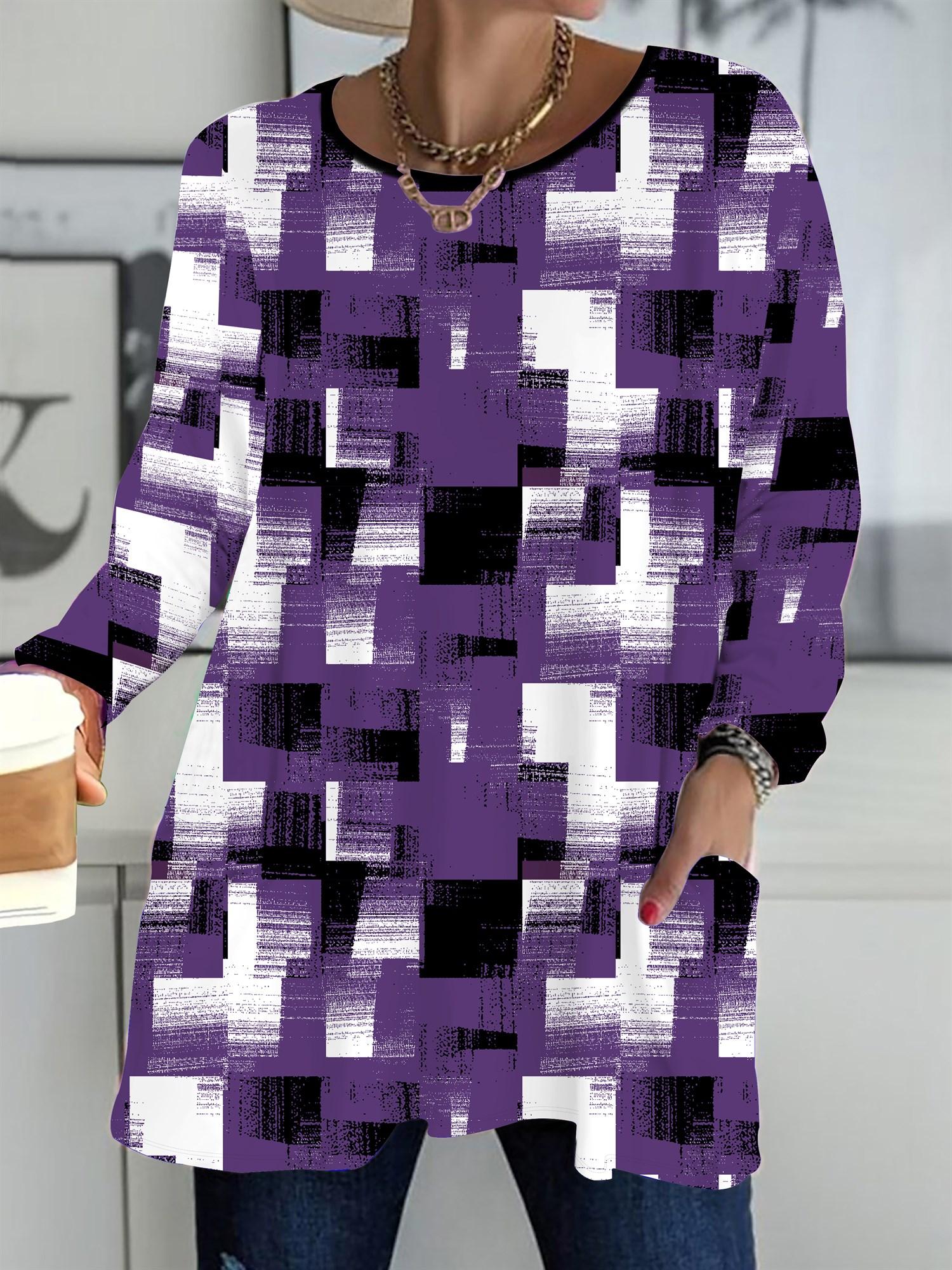 

2025 Осень Зима Новые Женские Топы Большого Размера, Модные Футболки с 3D-принтом в клетку, с круглым вырезом и длинным рукавом 6XL фиолетовый
