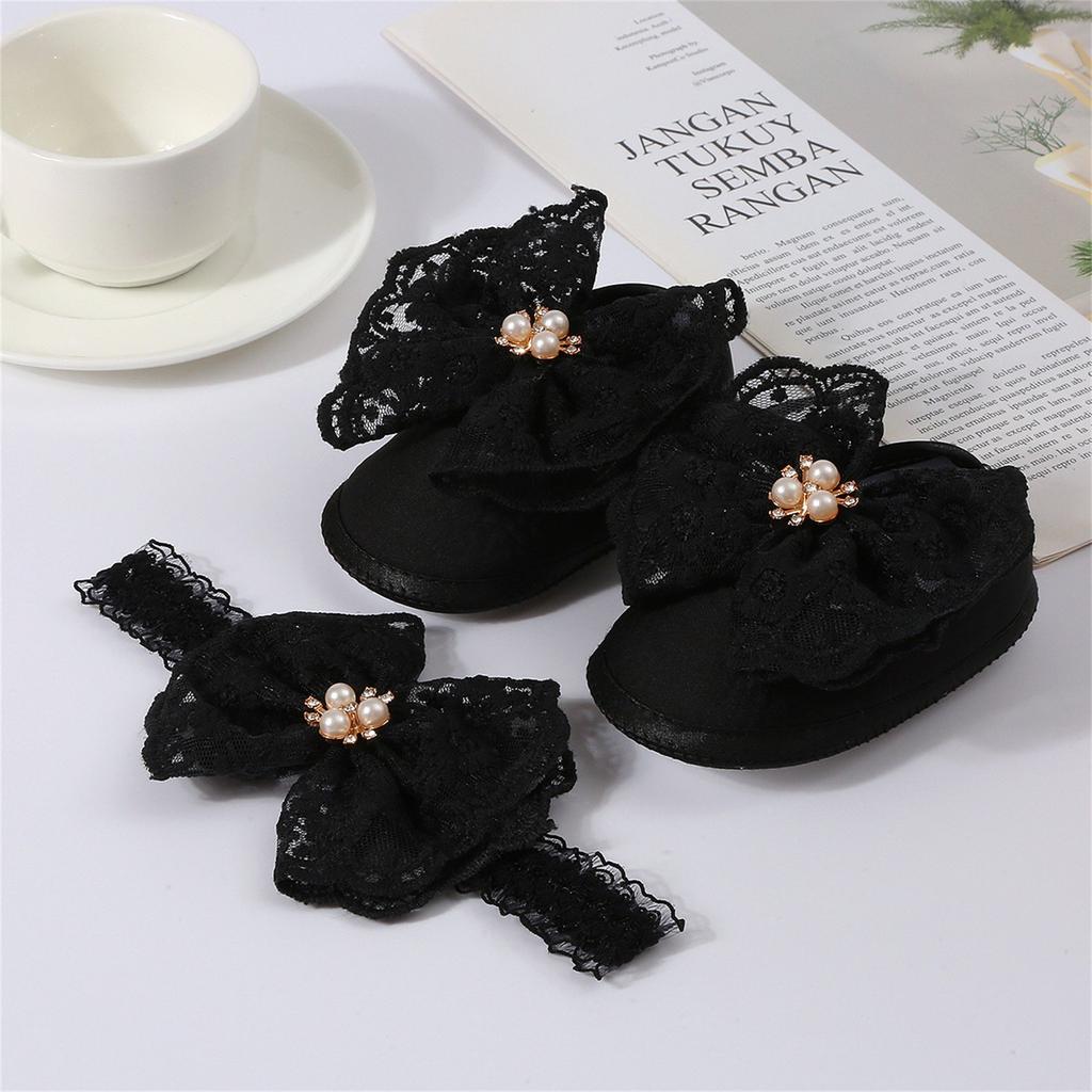 Baby Lace Pearl Shoes + Hairband Set Baby Toddler Shoes Soft Sole Big Bow Dot Rubber Shoes