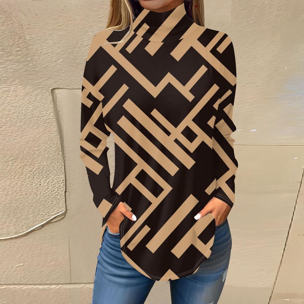 Women's Fashionable Casual High Neck Printed Long Sleeve T-Shirt Pullover Top