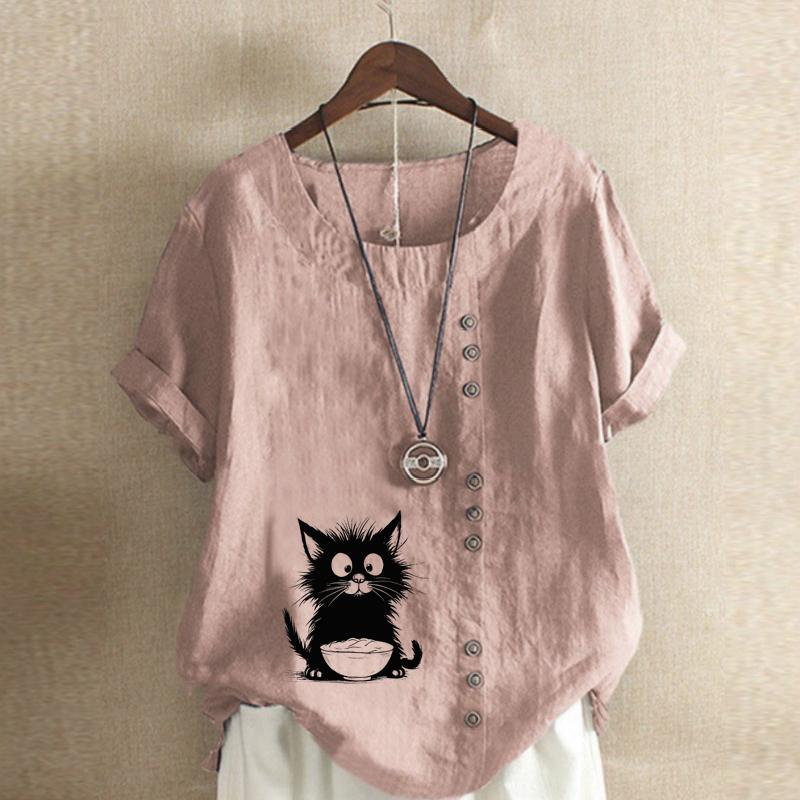 Women's Fashion Black Cat Prined Short Sleeve T-shirt Loose Cotton Shirt Casual Loose Summer Blouse Plus Size Tops