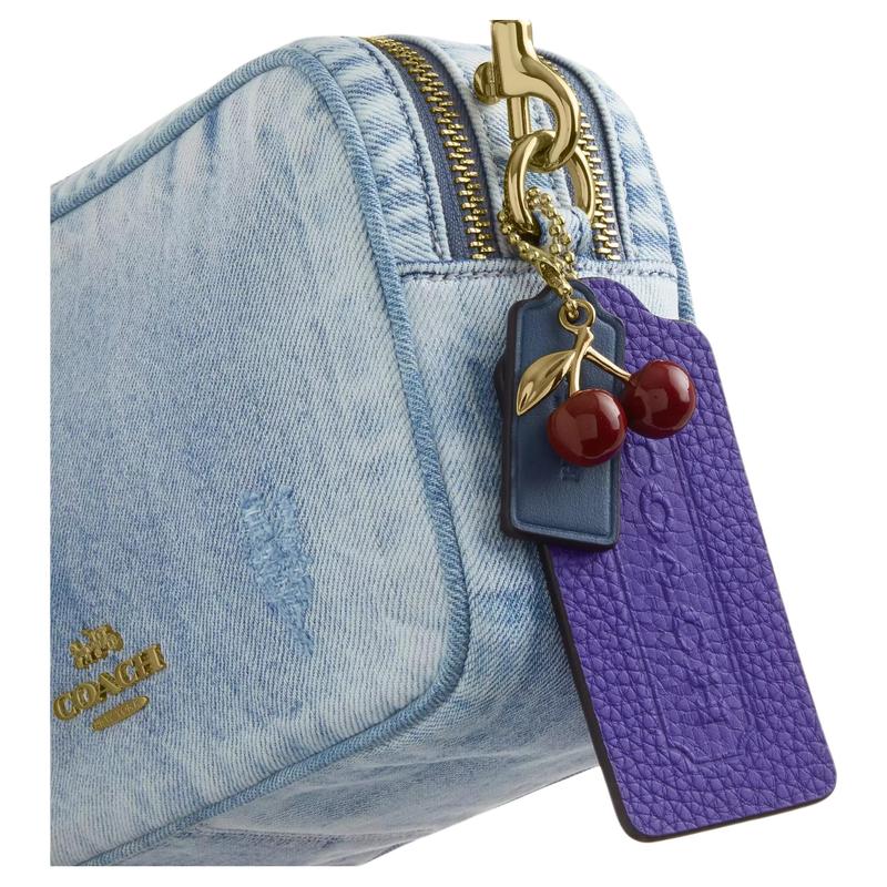 COACH Carey 18 Cherry Charm Contrast Leather Brand Metal Accessories Denim and Smooth Leather Shoulder Bag Small Women's Gold and Light Indigo