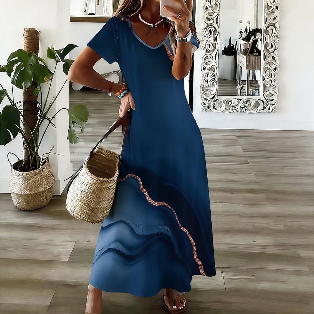 Women Plus Size V Neck Short Sleeve Printed Blue Straight Maxi Dress