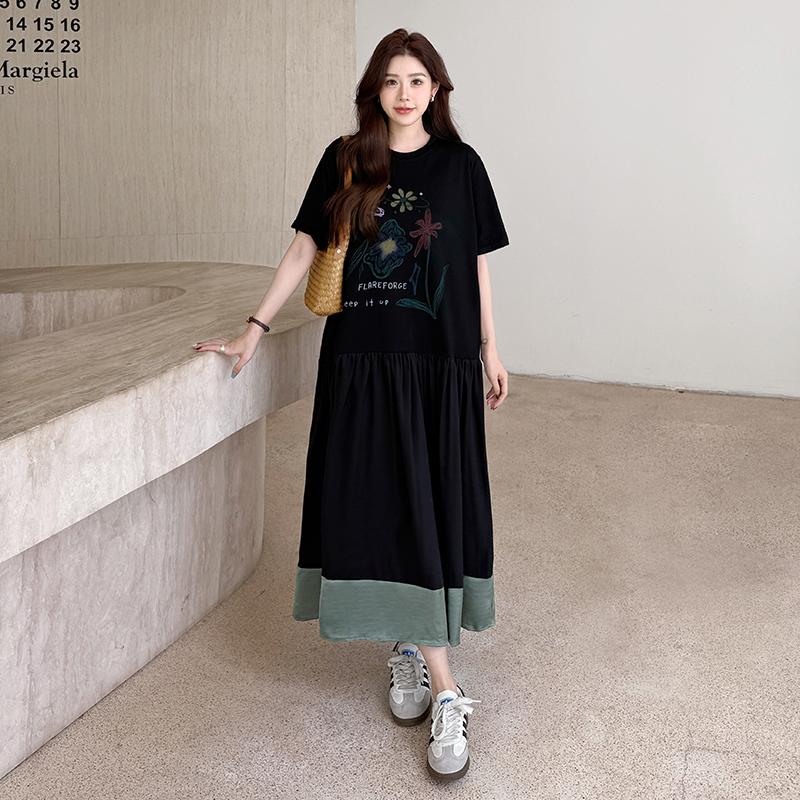 DIMANAF 2026 Plus Size New Dress Summer Women Lady Shirt Dress Floral Loose Beach Casual Long Dresses O-Neck Black