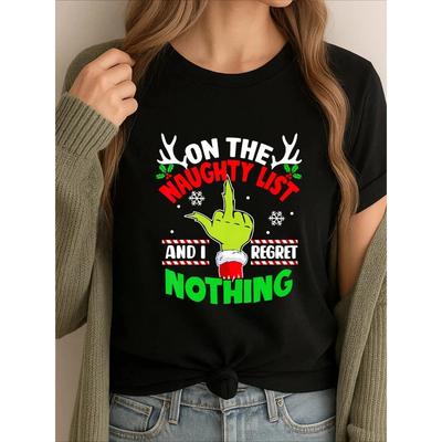 Interesting Christmas Print Pattern Holiday T-shirt Short Sleeved Round Neck Fashionable Versatile Women's T-shirt