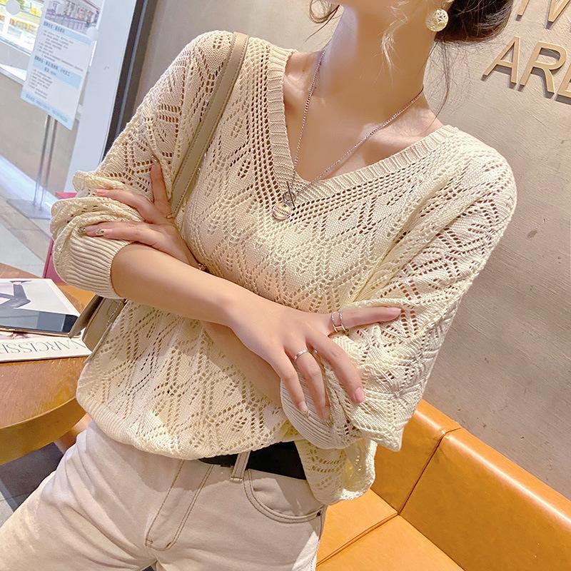 Spring and summer elegant explosive batman top women's loose V-neck crochet hollow long-sleeved knitted blouse thin