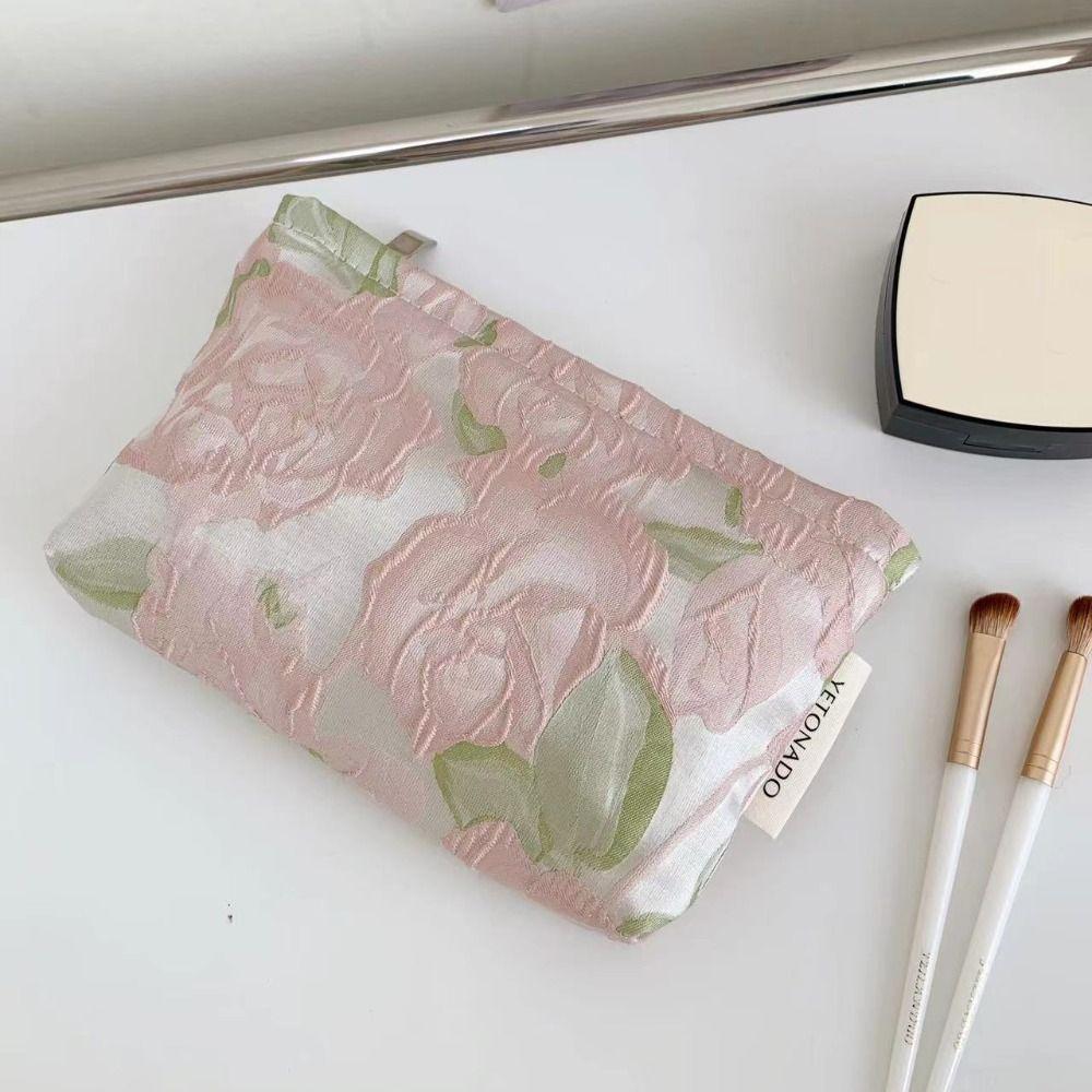 Polyester Canvas Flower Clutch Bag Large Capacity Flower Pattern Cosmetic Storage Pouch Portable Zipper Closure Makeup Bag