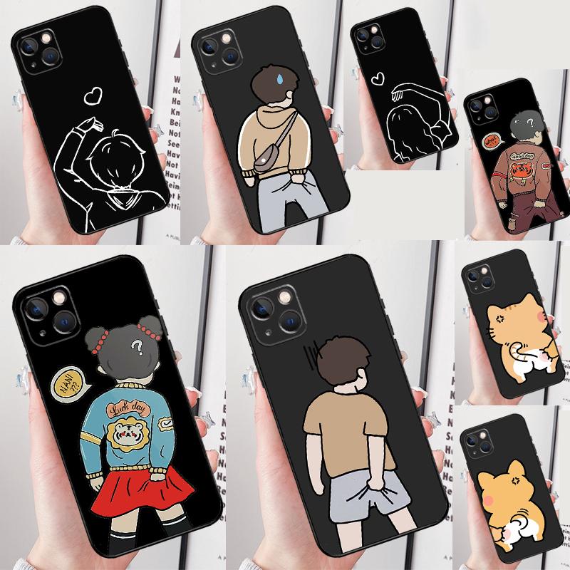 Cartoon Couple Love Boy Girl Phone Case For iPhone 16 Pro 15 Pro 11 13 14 Pro Max 12 Mini XR 16 15 Plus 16e Cover Shell