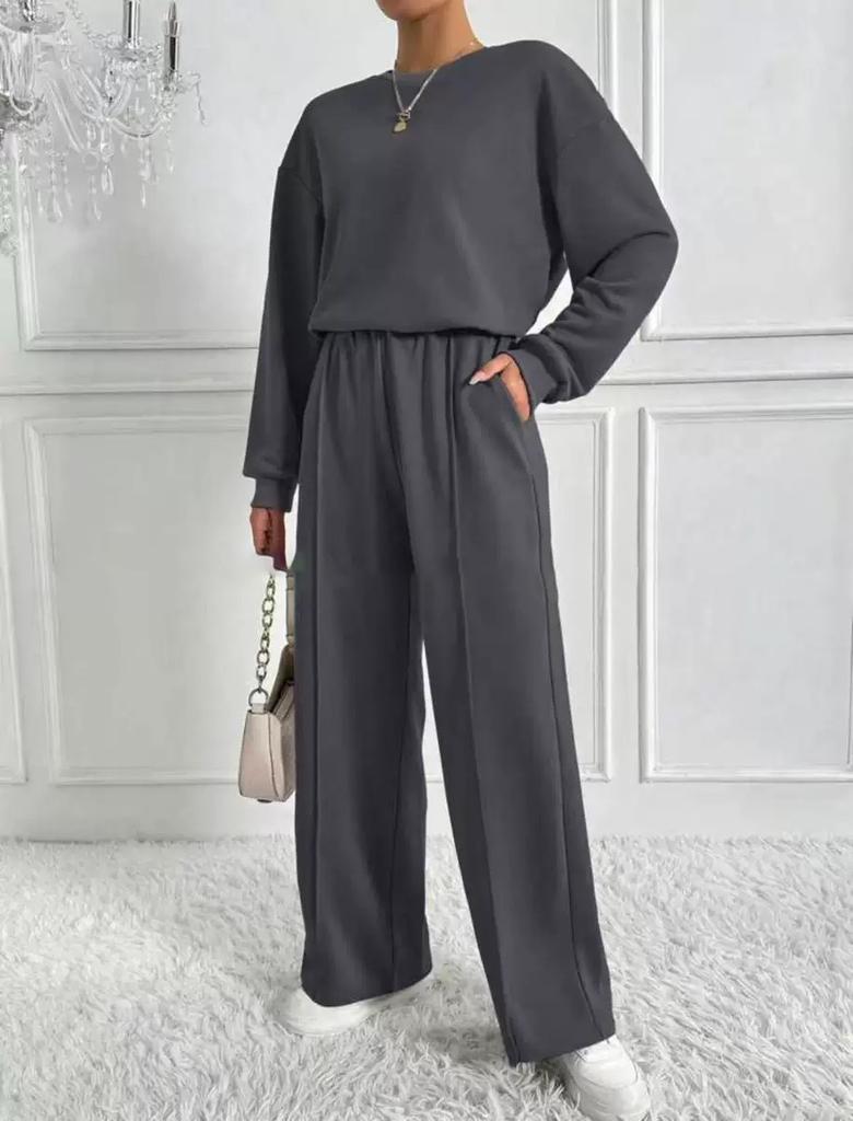 Women's Light Brown Relaxed Fit Round Neck Long Sleeve Top and Wide Leg Pants Lounge Set